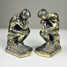Vintage 1928 Art Deco The Thinker Bookends Pair Metal NuArt NYC Rodin Figurine picture