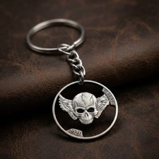 1934 Hobo Nickel Cut Coin Keychain The With Wings Biker Gothic Custom American picture