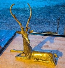 Vintage MCM Hollywood Regency Solid Brass Resting Elk Deer Stag Statue picture
