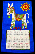 NWOT Vtg. 1976 Calendar Tea Towel Folk Art FLORAL DONKEY picture