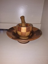 Wood Bowl Round Two Tone Stain & Wooden Mortar And Pestle. AS IS picture