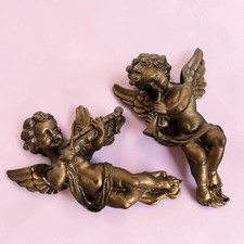 Vintage Gold Resin Cherub Wall Plaques – Musical Angels Set of 2 (5.5