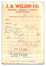 Original 1953 - J.R. Weldin Co. Book Store Receipt - Pittsburgh, Pa picture