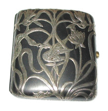 ANTIQUE JAPANESE Sterling Silver Overlay CIGARETTE CASE Birds, Snake c1920s picture