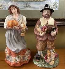 VTG Ceramic Large Man & Woman Thanksgiving Pilgrims 16”H Beautiful Detail Mint picture