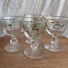 VTG 1960s Libbey Atomic Marine Life MCM Cordial Glasses Set of 4 Clear Gold Rim picture