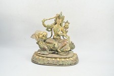 Tibetan Bronze Manjushri Statue on Lion, Wisdom Deity Sculpture, picture