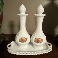 Vintage Milk Glass Perfume Bottles set of 2 Hobnail Floral Design Empty Avon  picture