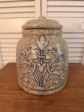 Rustic French Country Crackle Glaze Fleur-de-Lis Lidded Stoneware Apothecary Jar picture