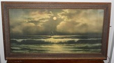ANTIQUE BEAUTIFUL WOOD EMBOSSED PICTURE FRAME W/NAUTICAL NIGHT MOON BOAT PRINT picture