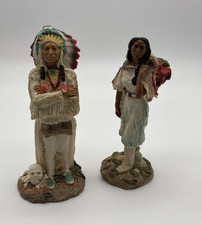 Set of 2 Native American Resin Figurines Hand Painted Chief & Woman Multicolor picture