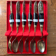 Vtg Set of 6 Demitasse Dessert Spoons Bronze Dancer Flatware Siam Thailand 5” picture