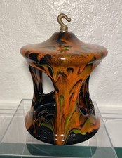 Vintage MCM Hanging Ceramic Ashtray Orange Black Drip Glaze Atomic Pagoda Hippie picture