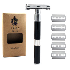 DOUBLE EDGE BUTTERFLY OPEN SAFETY RAZOR FOR MEN WOMEN + 10 SHAVING BLADES BLACK picture