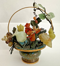 Vintage GUMP's Serpentine Jade &Precious Stone Cloisonne Floral Fruit Basket-MCt picture