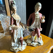 Royal Crown Porcelain Rococo Victorian Couple Figurines, Painted Glossy, 2pc picture