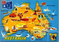 Australia Map with Icons of Landmarks and Animals Continental Postcard B784 picture