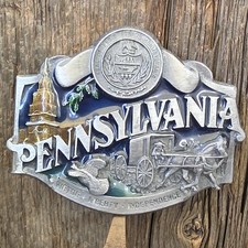 1987 Enameled Pewter Pennsylvania PA State Themed Belt Buckle Siskiyou USA picture