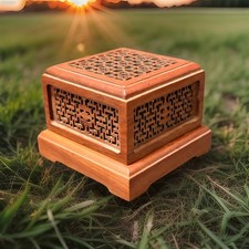 Vtg Carved Wood Incense Burner Box Lattice Fretwork Square Decorative Censer picture