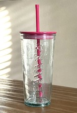 Starbucks TEAVANA Tumbler 16 oz Recycled Glass Cold Cup Pink Lid Made In Spain picture