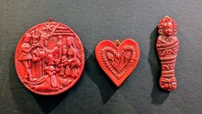 Vintage German Red Wax Ornaments Set of 3 Pressed Beeswax Nativity Fatschenkind picture