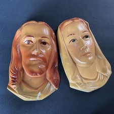 Vintage Chalkware Jesus & Virgin Mary Wall Plaques Miller Studios 1955 MCM picture