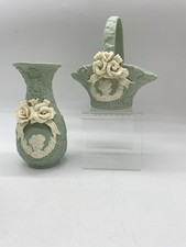 Jasperware Sage Green Cameo & 3D Rose Bud Vase & Basket Set Vtg JTS Internationa picture