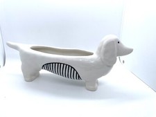 Dachshund Weiner Dog White Ceramic Planter Vase Figurine Black Stripes  picture