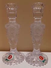 2 Crystal Etched Rose & Star Sawtooth Round Base CandleStick Holders Heavy Italy picture
