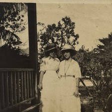 Antique Snapshot Photo Two Women White Dresses Wide Brim Hats Garden picture