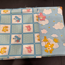 Vtg Care Bears Fabric 1980s Clouds Stars Hearts Blues Both 1.5 Yards Each picture