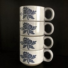 Vintage MIDWINTER Stoneware Wedgwood Oven to Table Blue Flower Cups Set of 4 picture