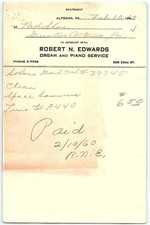 1960 Altoona PA Robert N. Edwards Piano Service billhead picture