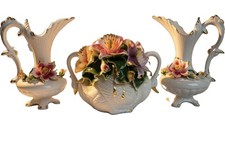Vintage Capodimonte Porcelain 3-Piece Garniture Set Swan Centerpiece & 12