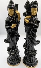 Fostoria Ebony Black Glass #2626 Chinese Lotus & Lute Figurines Trimmed Gold picture