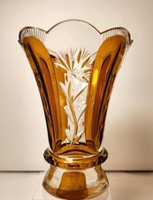 Vintage Bohemian Amber Crystal Vase-Cut to Clear Floral Glass Vase-Scalloped 6 picture