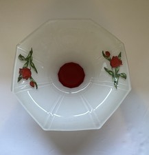 VTG 1930-1940s Frosted White Glass Footed Centerpiece Bowl w Red Tulips Design picture