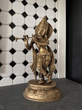 Vintage Brass Krishna Playing Flute Hindu God Statue picture
