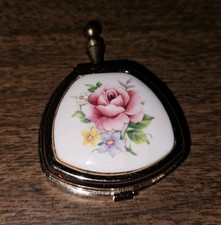 Pocket Ashtray Vintage Gold Tone & Red Pink Rose Porcelain Portable Smoker picture