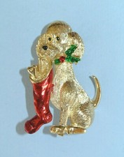 Vintage GERRY'S Gold Tone Puppy Dog with Christmas Stocking 2