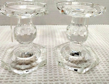 Pair Of Clear Crystal Prism Cut Pillar / Votive Heavy Decorative Candle Holders picture