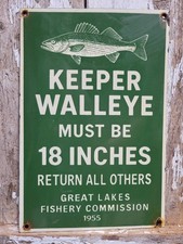 VINTAGE GREAT LAKES PORCELAIN SIGN OLD 1955 FISHERY COMMISSION WALLEYE FISHING picture