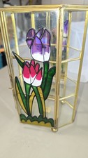 Vintage Glass Curio Cabinet Brass And Stained Glass Shelf Mirror  picture