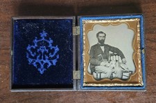 Ambrotype Photo Man w Walking Stick   & Fox Terrier Dog in L P Gutta Percha Case picture