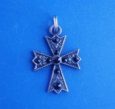 Vintage Silver Tone Christian Cross Artisan Pendant with Faux Black Stones  picture