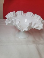 Vintage Fenton White Milk Glass Hobnail Pedestal Bowl Compote-Ruffled Edge picture