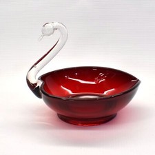 Swan Art Glass Trinket Candy Dish Ruby Red Heart Shaped picture