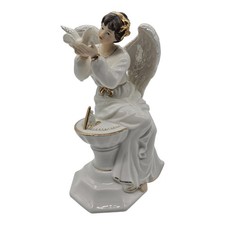 Unmarked Archangel Angel Figurine Porcelain Medium White Gold Dove Sundial Decor picture