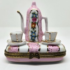 Vintage Porcelain Hinged Pill Box Miniature Tea Set, Pink & White, Flowers picture