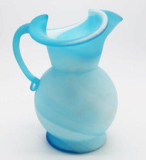 Vtg Pressed Art Glass Blue Swirled Matte Finish Small Water Pitcher or Creamer picture